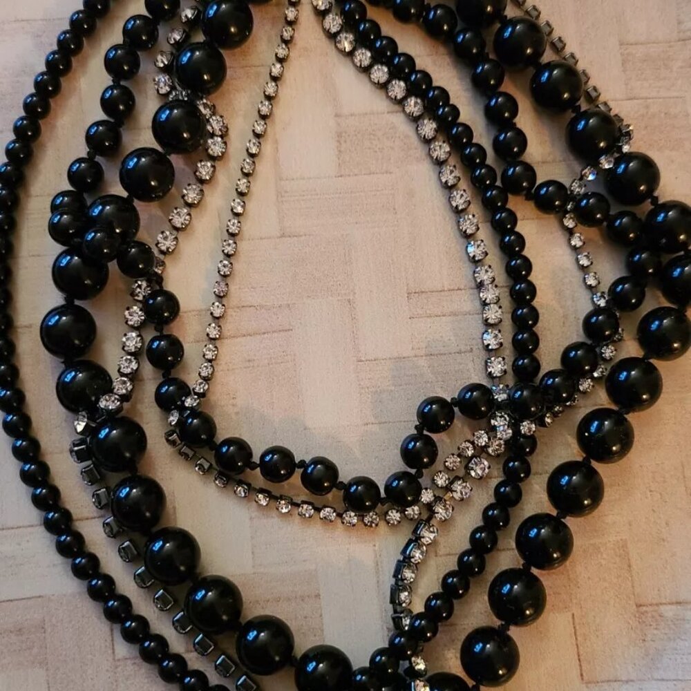 Isabella Mia black beaded rhinestone multi-strand necklace NWT N1